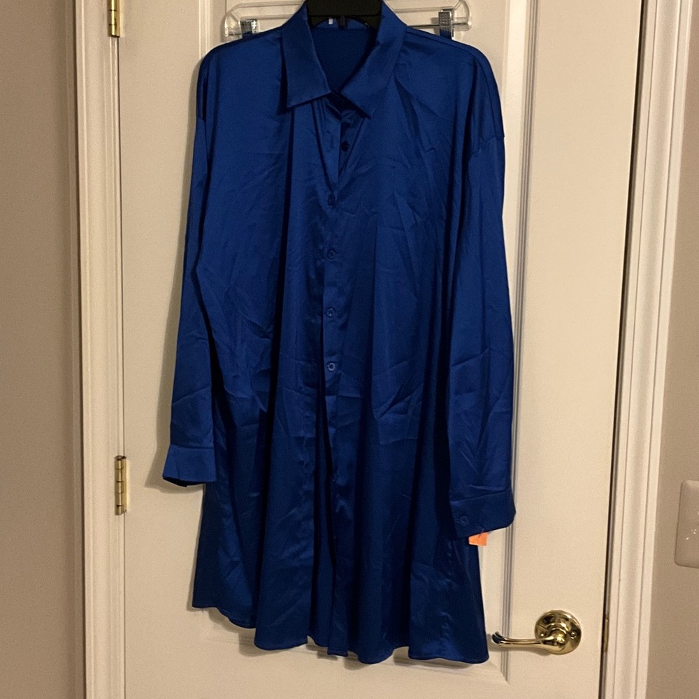 Royal Blue Button-Up Satin Tunic Shirt